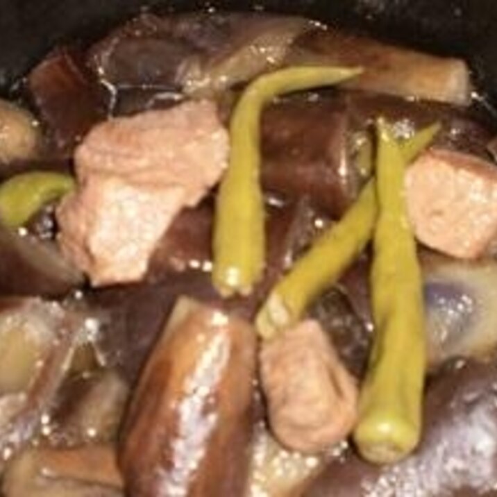 カレー用豚肉で茄子としし唐の煮物